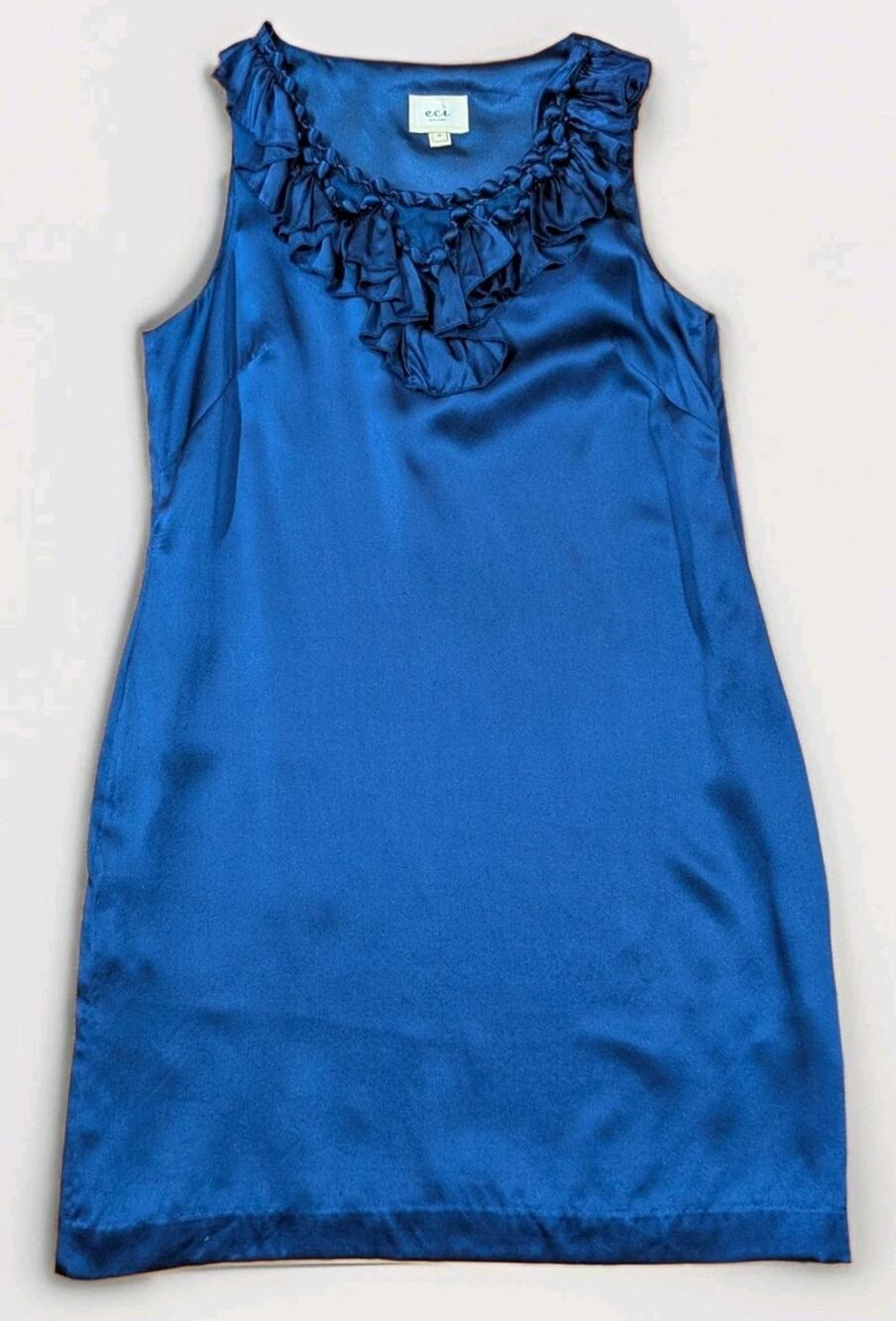 ECI New York Womens Size 6 100% Silk Blue Ruffle Sleeveless Shift Dress
